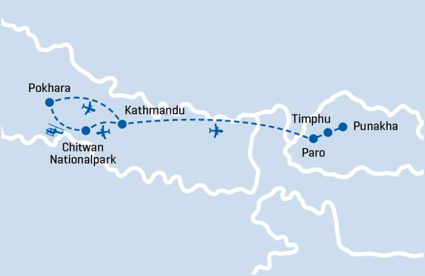 Routenkarte-Nepal+Bhutan